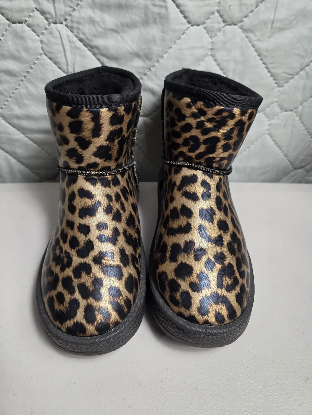 Kids Leopard Print Cozy Ankle Boots - Black Trim Sz 36
